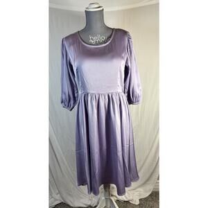 Ivy City Co Size M Purple Lavender Midi Dress Ballon Sleeve Satin Fairy Babydoll